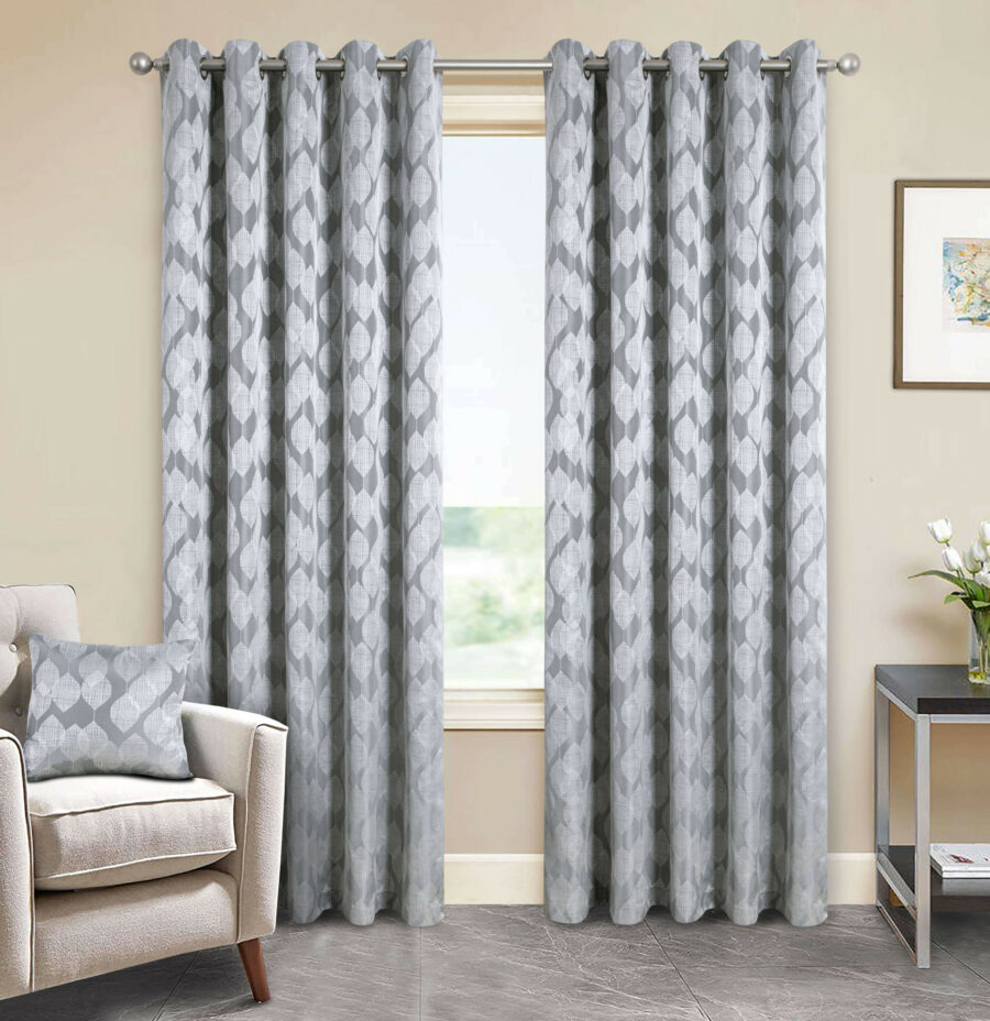 Hendon Grey Eyelet Jacquard Lined Pencil Pleat Ready Made Curtains