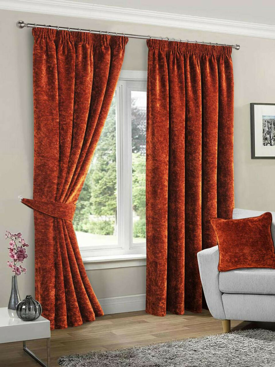 Hampstead Terracotta Crushed Chenille Blackout Lined Ready Made Curtains
