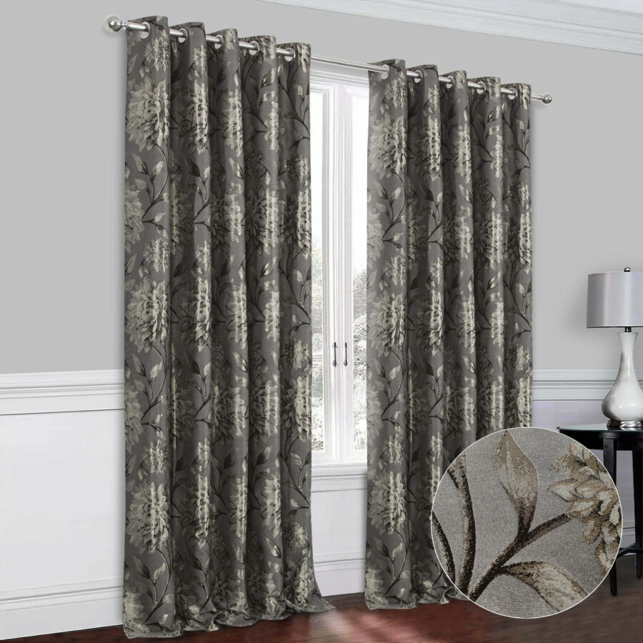Eleanor Pewter Eyelet Metallic Printed Lined Ready Made Curtains