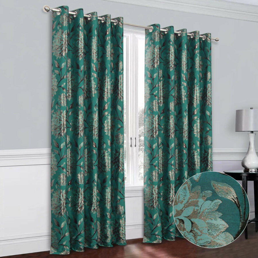 Eleanor Teal Eyelet Metallic Printed Lined Ready Made Curtains
