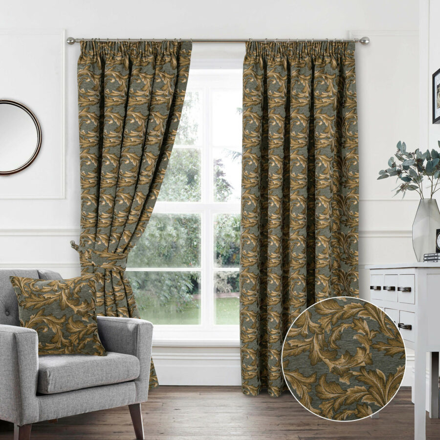 Georgina Gold Chenille Jacquard Lined Pencil Pleat Ready Made Curtains