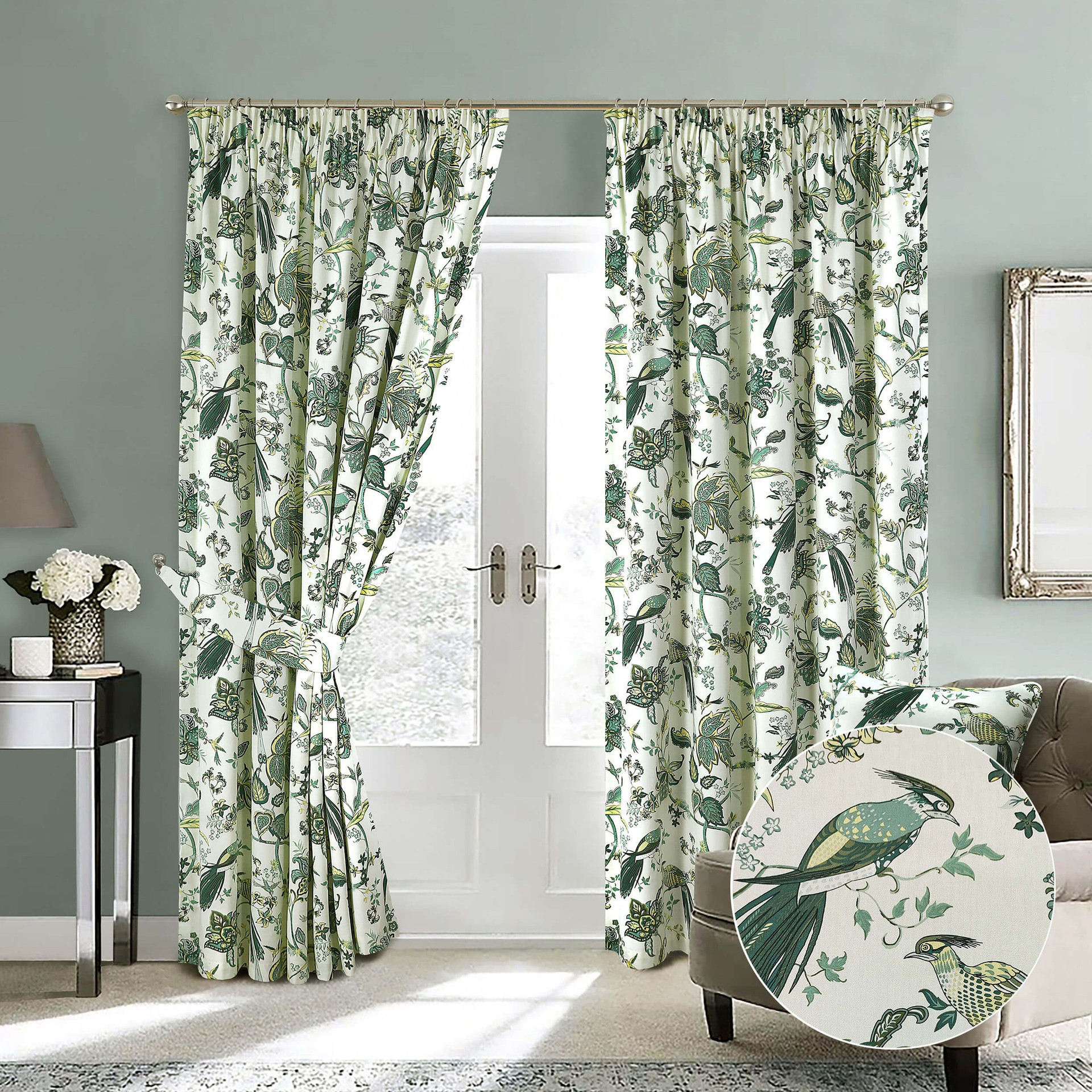 Knightsbridge Green Lined Pencil Pleat Ready Made Curtains ...