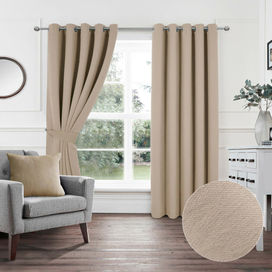 Plain Woven Latte Eyelet Blockout Self Lined Ready Made Curtains