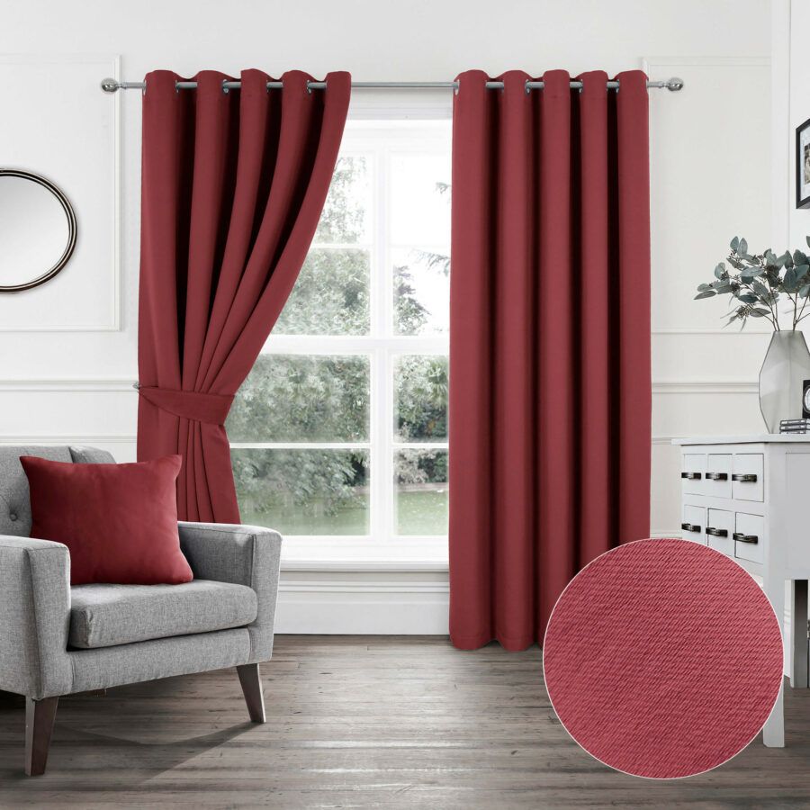 Plain Woven Red Eyelet Blockout Self Lined Ready Made Curtains