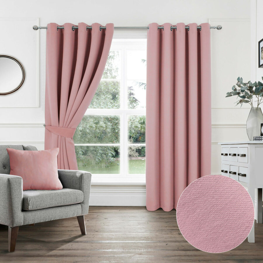 Plain Woven Pink Eyelet Blockout Self Lined Ready Made Curtains