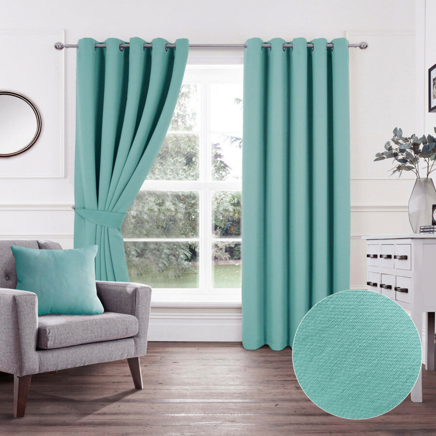 Plain Woven Teal Eyelet Blockout Self Lined Ready Made Curtains