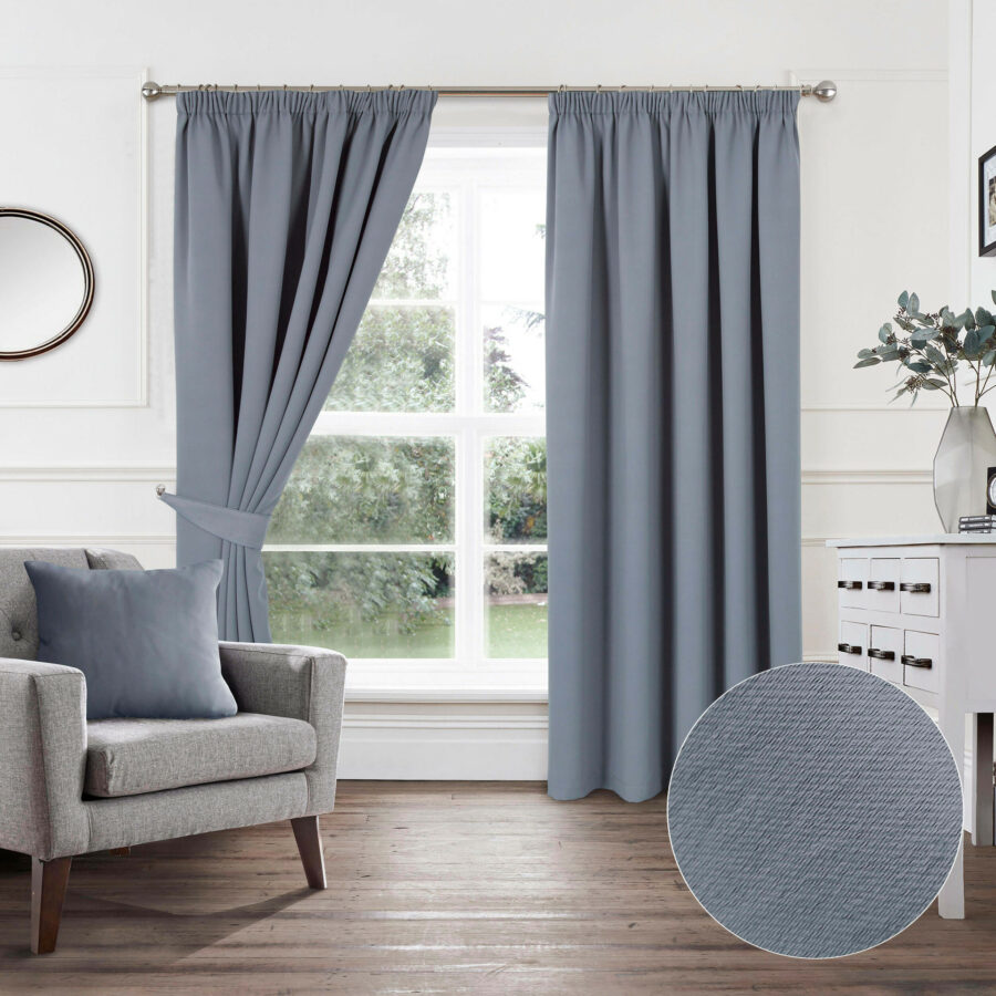 Plain Woven Grey Pencil Pleat Blockout Self Lined Ready Made Curtains