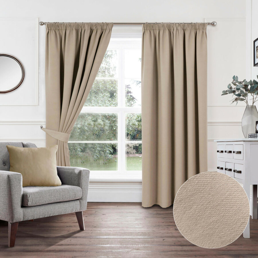 Plain Woven Latte Pencil Pleat Blockout Self Lined Ready Made Curtains